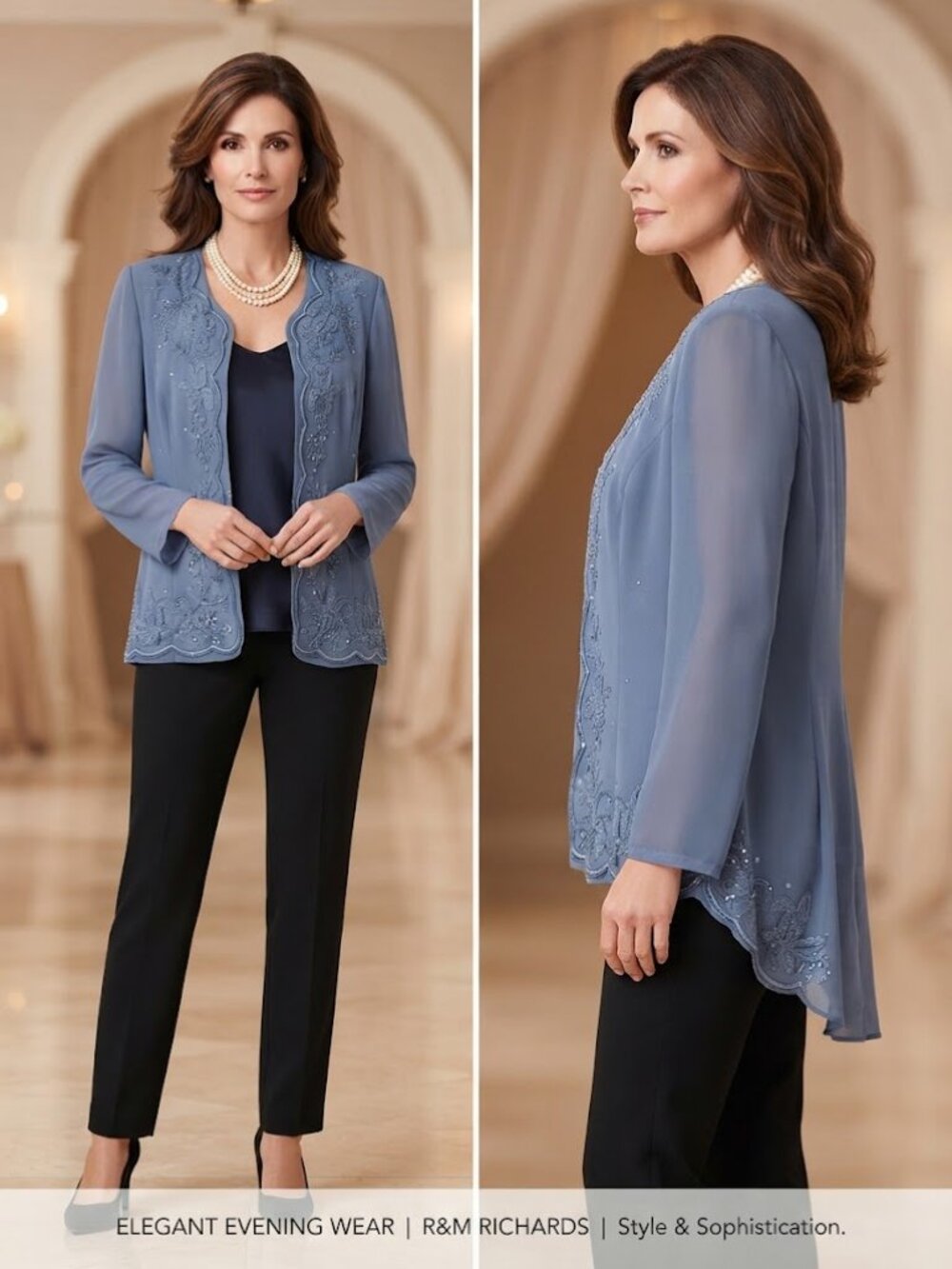 R&M Richards Dusty Blue Embroidered Sequined Long Sleeve Jacket Blouse Size 12
